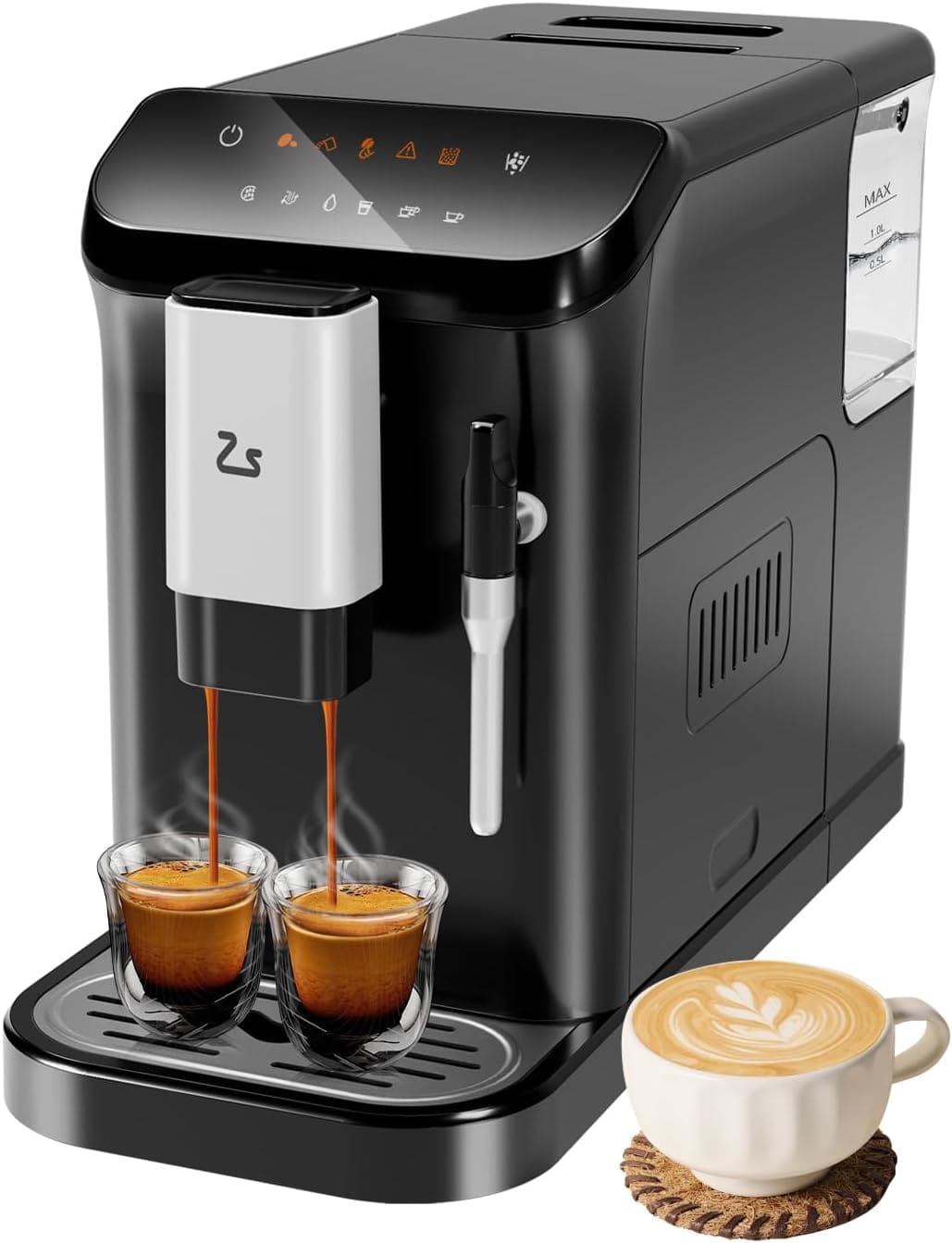 Zstar Fully Automatic Espresso Machine with Milk Frother, Professional Espresso Maker with Grinder, One-Touch Operation, Auto-Cleaning, 1.5L Water Tank for Latte, Cappuccino, Macchiato
