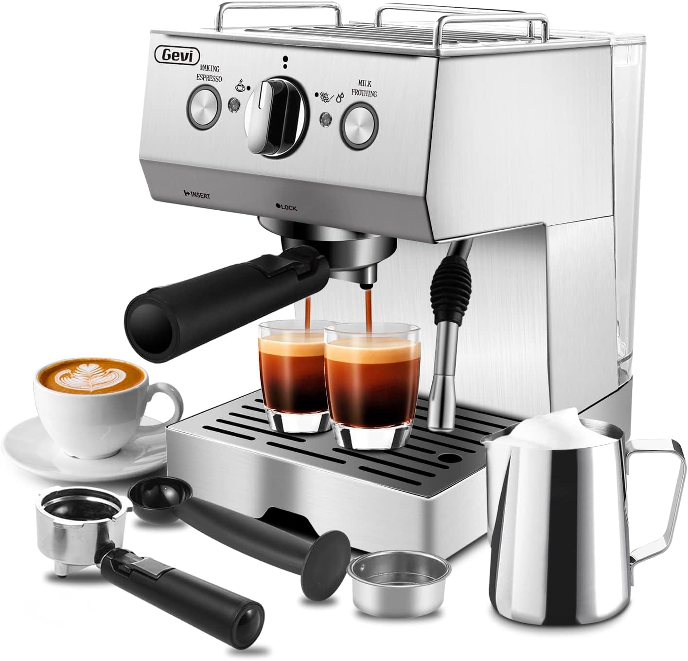 Gevi Espresso Machine 15 Bar Pump Pressure, Cappuccino Coffee Maker with Milk Foaming Steam Wand for Latte, Mocha, Cappuccino, 1.5L Water Tank, 1100W, Black