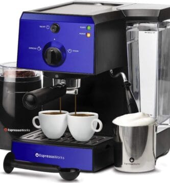 EspressoWorks All-In-One Espresso Machine with Milk Frother 7-Piece Set – Latte Maker Includes Grinder, Frothing Pitcher, Cups, Spoon and Tamper – Coffee Gifts (Blue)