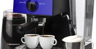 EspressoWorks All-In-One Espresso Machine with Milk Frother 7-Piece Set – Latte Maker Includes Grinder, Frothing Pitcher, Cups, Spoon and Tamper – Coffee Gifts (Blue) EspressoWorks All-In-One Espresso Machine with Milk Frother 7-Piece Set – Latte Maker Includes Grinder, Frothing Pitcher, Cups, Spoon and Tamper – Coffee Gifts (Blue)