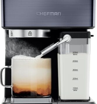 Chefman 6-in-1 Espresso Machine with Steamer, Automatic One-Touch Coffee Maker, Single or Double Shot Cappuccino Machine, Latte Maker, Espresso Maker with Milk Frother, Black