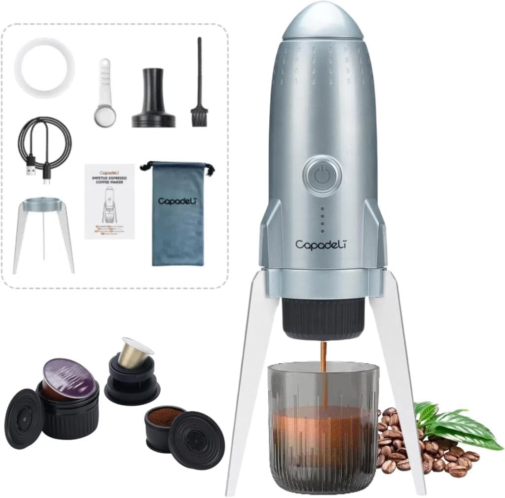 Portable Electric Espresso Machine Travel Coffee Maker for Camping 3 in 1 Self-Heating for Ground Coffee & DG NS Capsule Pods For Travel Camping and Hiking (Space Grey)