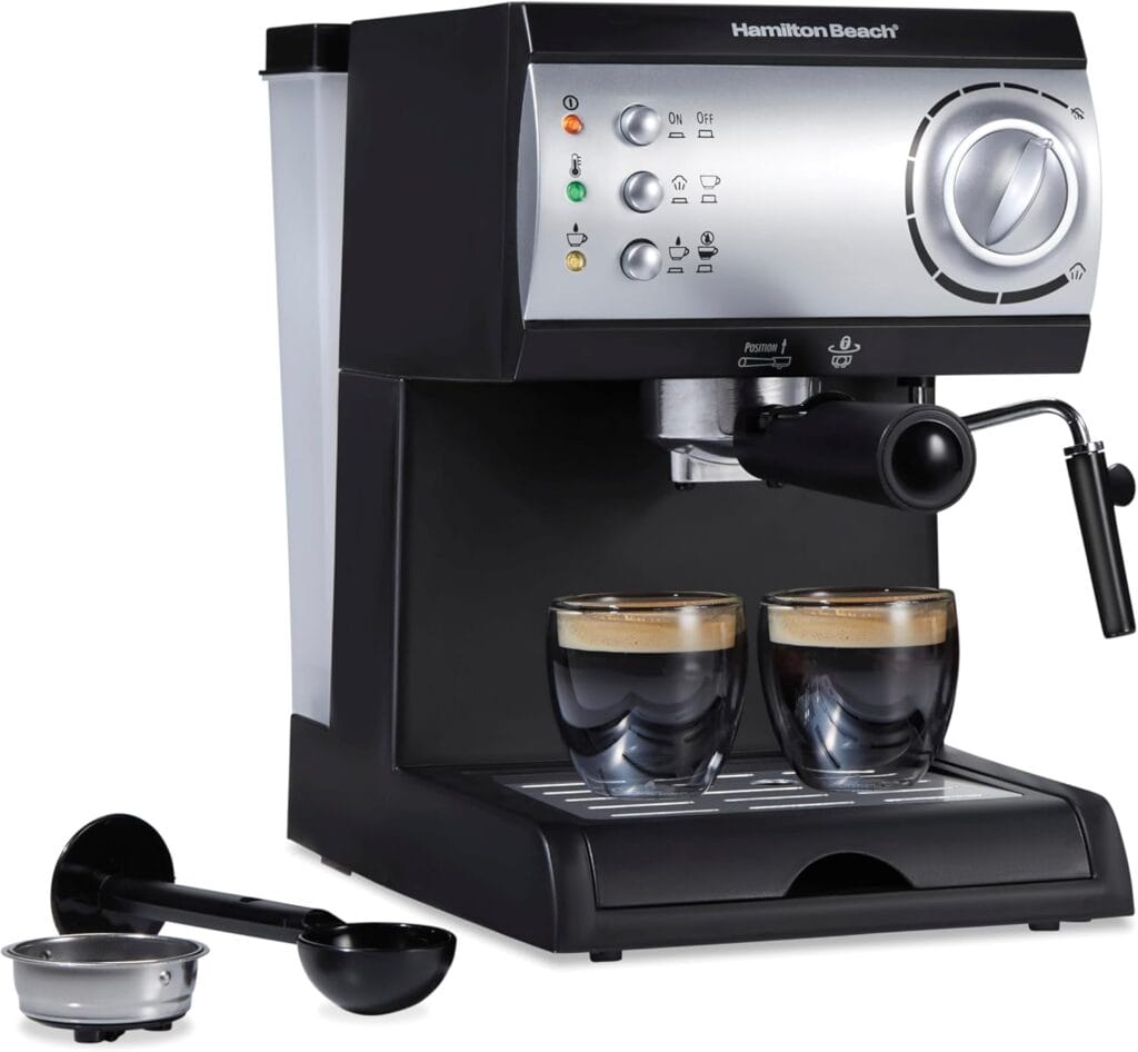Hamilton Beach 15 Bar Espresso Machine, Cappuccino, Mocha, & Latte Maker, with Milk Frother, Make 2 Cups Simultaneously, Works with Pods or Ground Coffee, 50 oz. Water Reservoir, Black Hamilton Beach 15 Bar Espresso Machine, Cappuccino, Mocha, & Latte Maker, with Milk Frother, Make 2 Cups Simultaneously, Works with Pods or Ground Coffee, 50 oz. Water Reservoir, Black