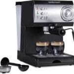Hamilton Beach 15 Bar Espresso Machine, Cappuccino, Mocha, & Latte Maker, with Milk Frother, Make 2 Cups Simultaneously, Works with Pods or Ground Coffee, 50 oz. Water Reservoir, Black