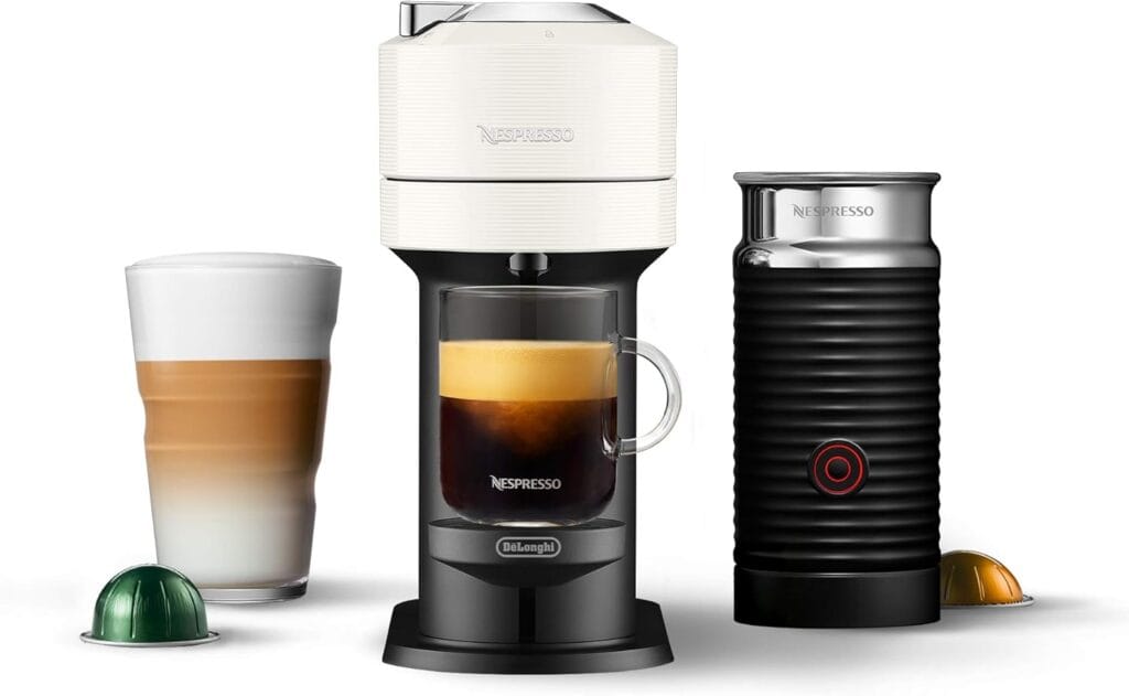Nespresso Vertuo Next Coffee and Espresso Maker by De’Longhi with Aeroccino Milk Frother, White