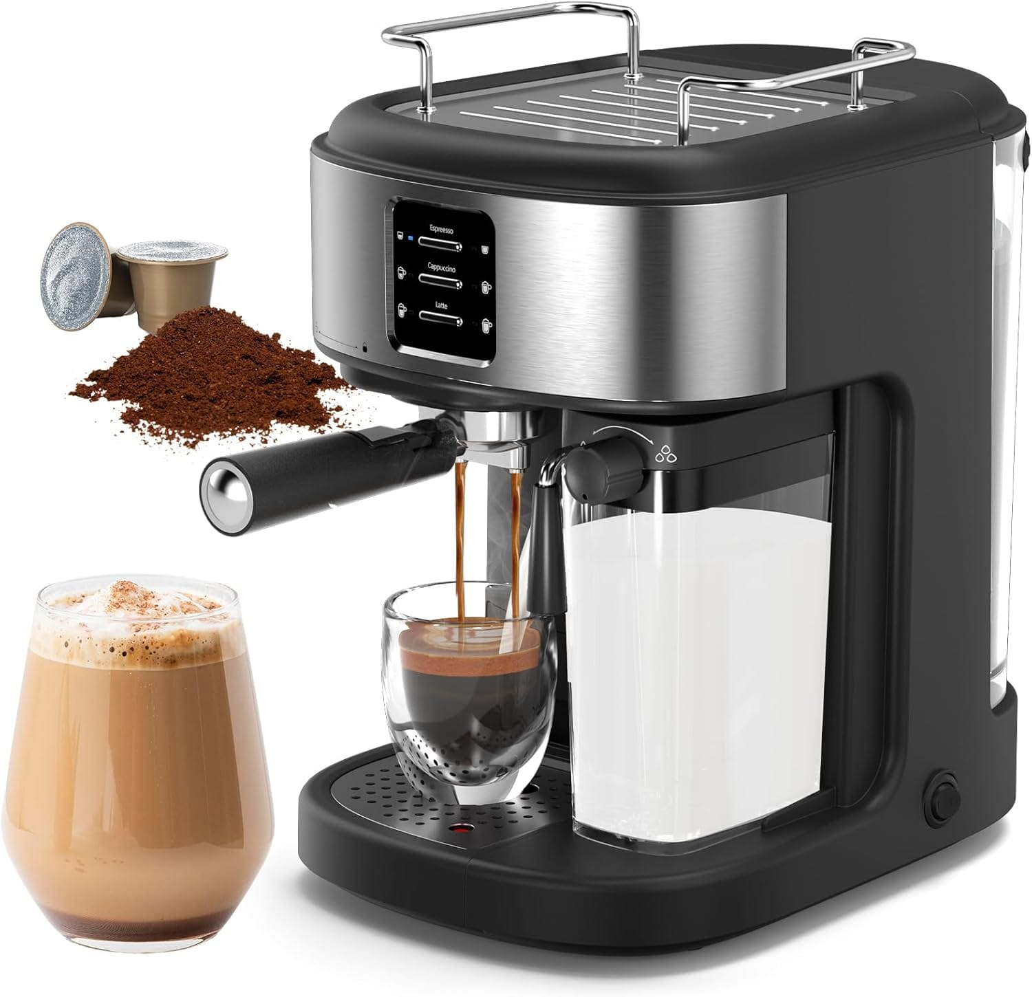 COWSAR Espresso Machine 20 Bar, Cappuccino Machine with Automatic Milk Frother, Latte Machine with 57oz Removable Water Tank, Dual Boiler Coffee Maker Compatible with Both Ground Coffee & Capsules