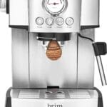 brim 15 Bar Espresso Machine, Cappuccino, Americano, Latte and Espresso Maker, Milk Steamer and Frother, Removable Parts for Easy Cleaning, Stainless Steel/Wood Accents, wood finish handle (50030)