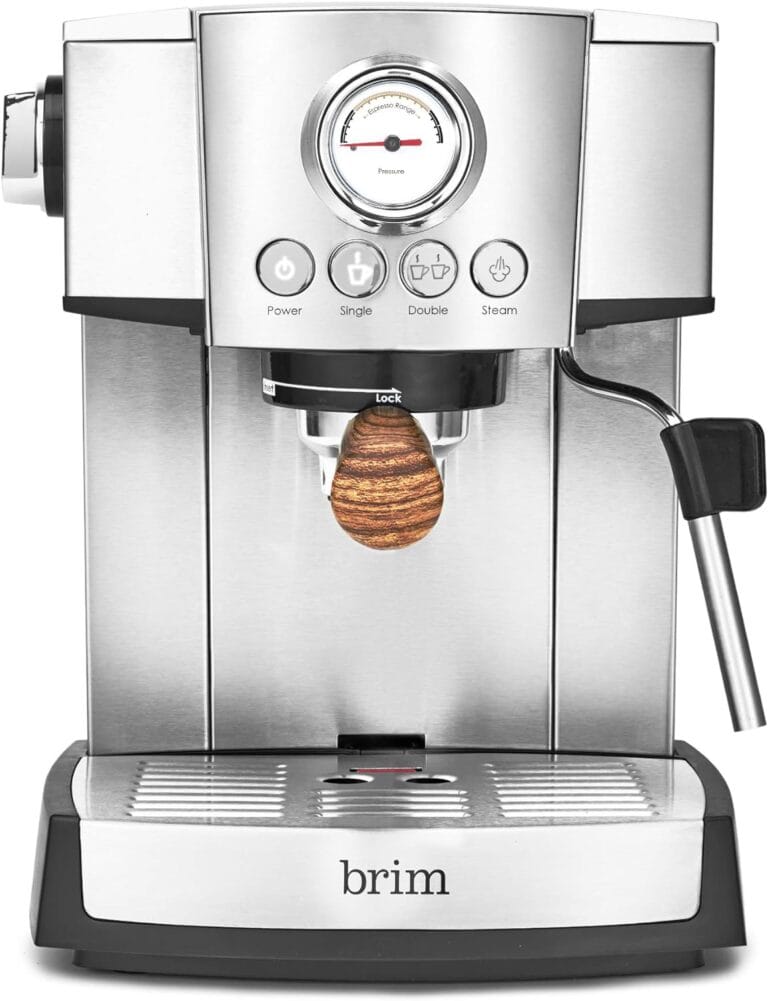 brim 15 Bar Espresso Machine, Cappuccino, Americano, Latte and Espresso Maker, Milk Steamer and Frother, Removable Parts for Easy Cleaning, Stainless Steel/Wood Accents, wood finish handle (50030)