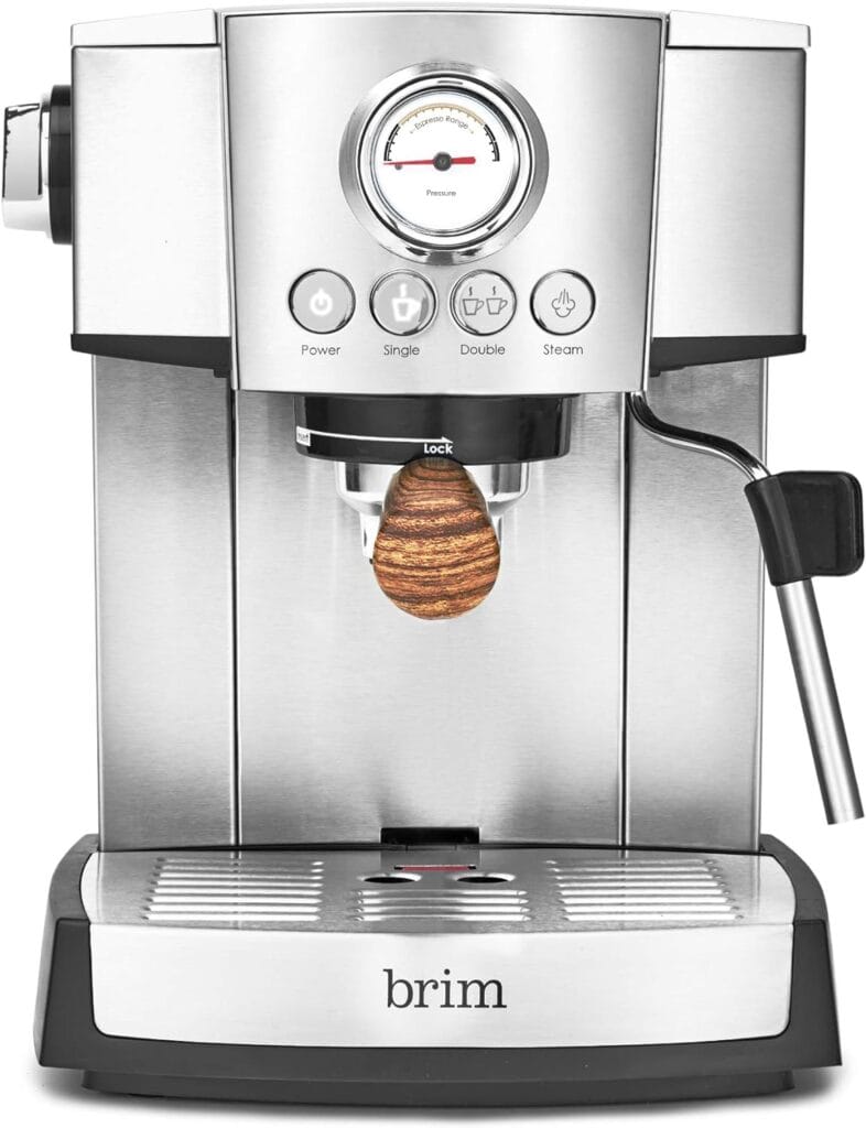 brim 15 Bar Espresso Machine, Cappuccino, Americano, Latte and Espresso Maker, Milk Steamer and Frother, Removable Parts for Easy Cleaning, Stainless Steel/Wood Accents, wood finish handle (50030) brim 15 Bar Espresso Machine, Cappuccino, Americano, Latte and Espresso Maker, Milk Steamer and Frother, Removable Parts for Easy Cleaning, Stainless Steel/Wood Accents, wood finish handle (50030)