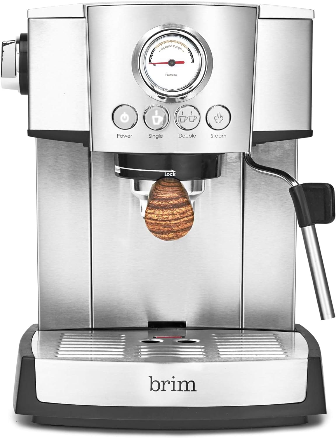 brim 15 Bar Espresso Machine, Cappuccino, Americano, Latte and Espresso Maker, Milk Steamer and Frother, Removable Parts for Easy Cleaning, Stainless Steel/Wood Accents, wood finish handle (50030)