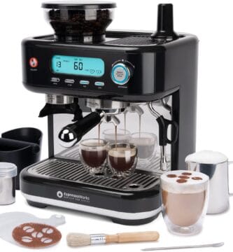 EspressoWorks Barista Pro Series Espresso Machine with Grinder, Steamer and LCD Display – Ready To Go In 60 Sec – 15-Bar Latte and Cappuccino Machine 30-Piece Bundle – Coffee Gifts (Black)
