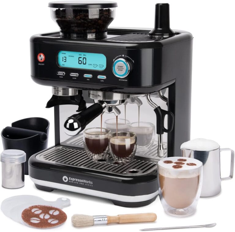 EspressoWorks Barista Pro Series Espresso Machine with Grinder, Steamer and LCD Display – Ready To Go In 60 Sec – 15-Bar Latte and Cappuccino Machine 30-Piece Bundle – Coffee Gifts (Black)
