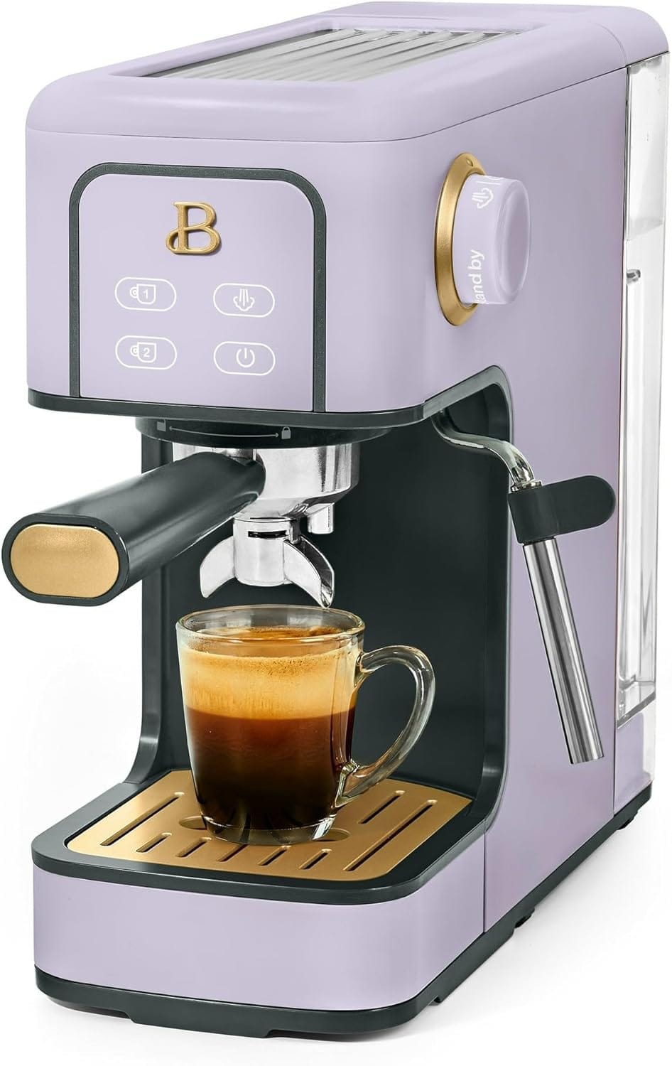 Beautiful Slim Espresso Maker by Drew Barrymore, 20-Bar Pressure, Single & Double Shot, Touch Display, 2-in-1 Steam Wand, 50 oz Water Reservoir, Stainless Steel Warming Plate. (Lavender)