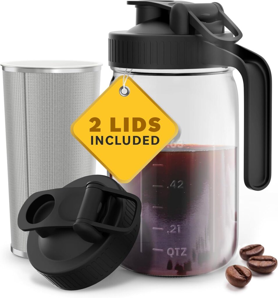 Home Hero Glass Cold Brew Coffee Maker – Durable Mason Jar Glass Container & Cold Brew Pitcher – 304 Stainless Steel Mesh Filter & Coffee Infuser – Versatile Drink Maker & Tea Pitcher – 32 Oz, Black