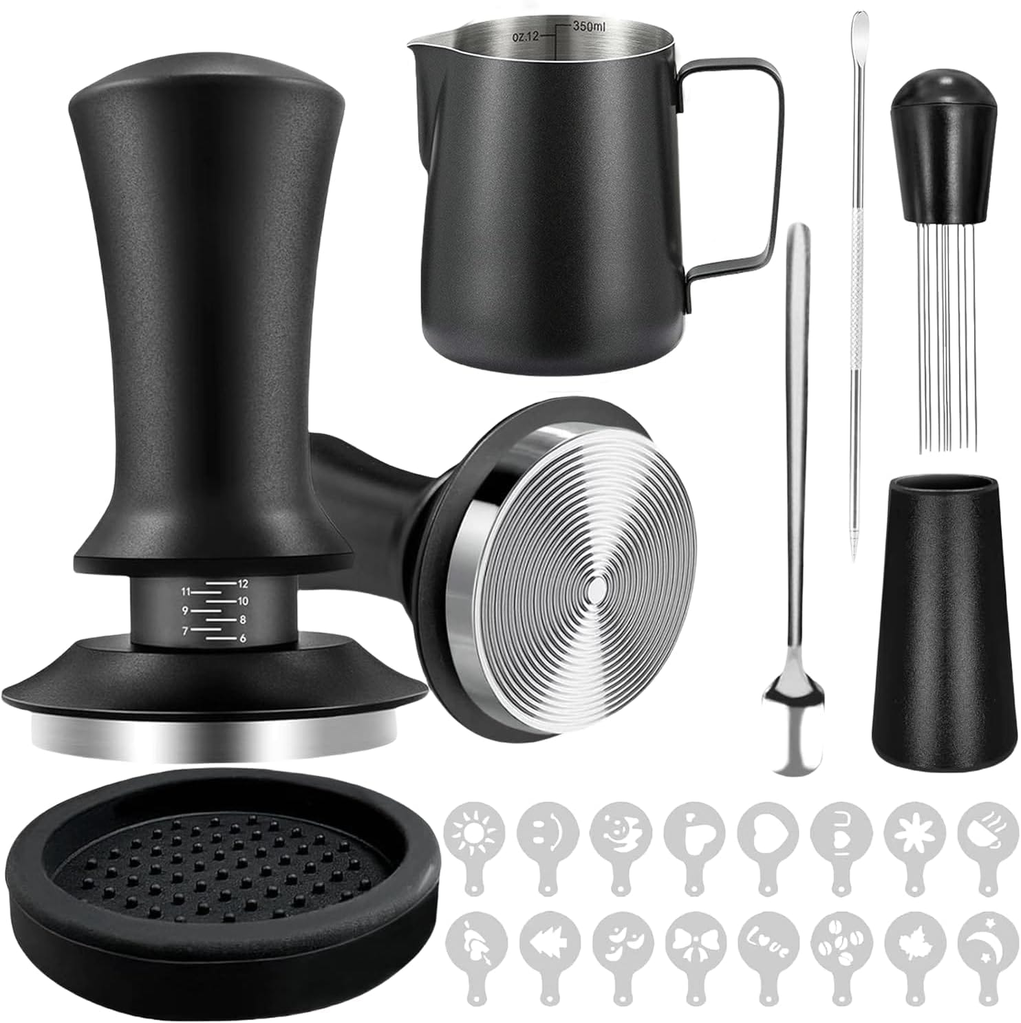 22 PCS Espresso Accessories Kit，58mm Coffee Tamper Set ，Barista Kit， – with Frothing Pitcher，WDT Tool，Stirrer，Tamper Mat ，Coffee Stencils，Latte Art Pen