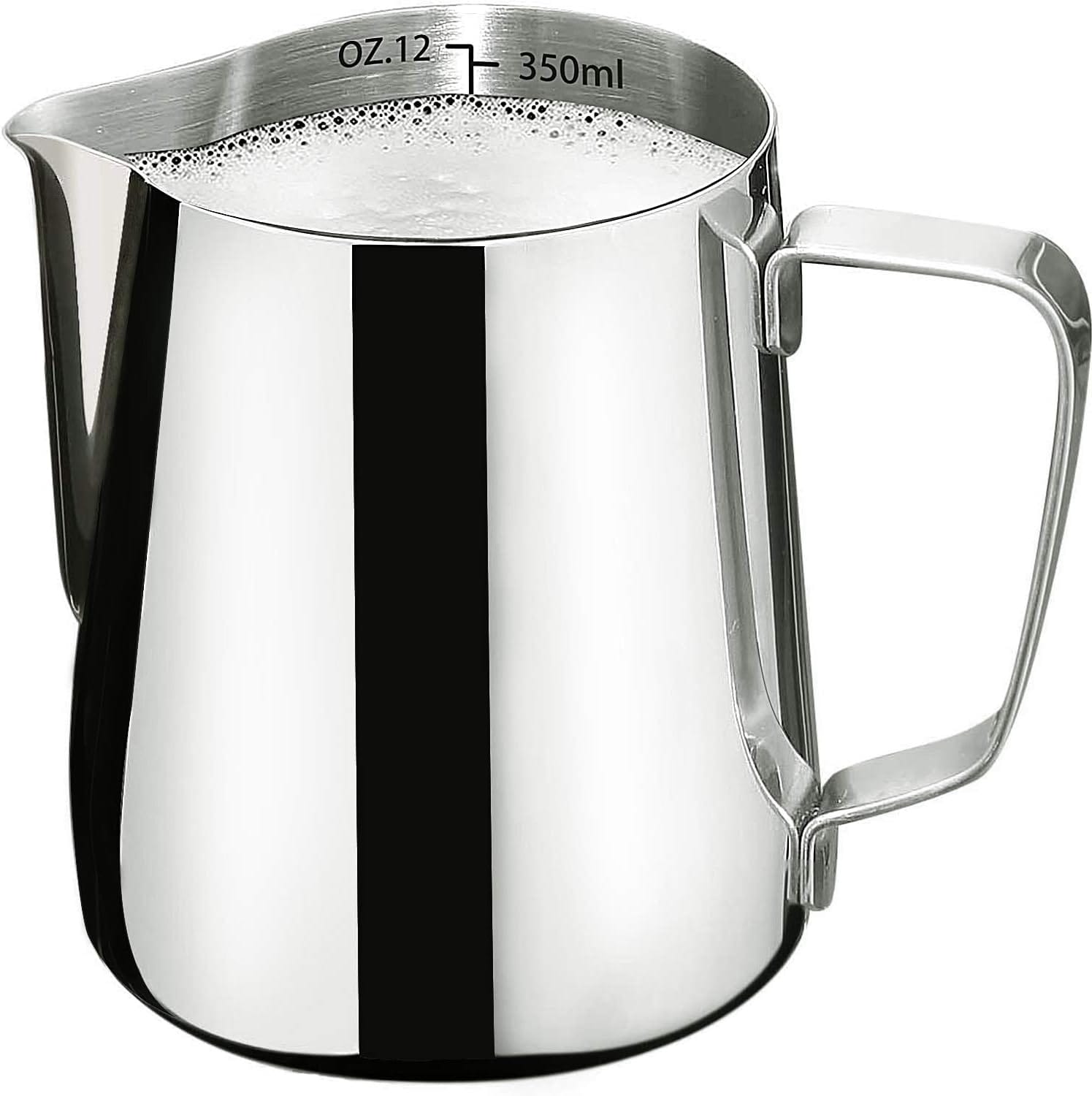 Milk Frothing Pitcher-Measurement on the Inside, Frothing pitcher, Coffee Pitcher Perfect for Espresso Machines, Stainless Steel Milk Frother Cup for Latte Art(12oz/350ml).