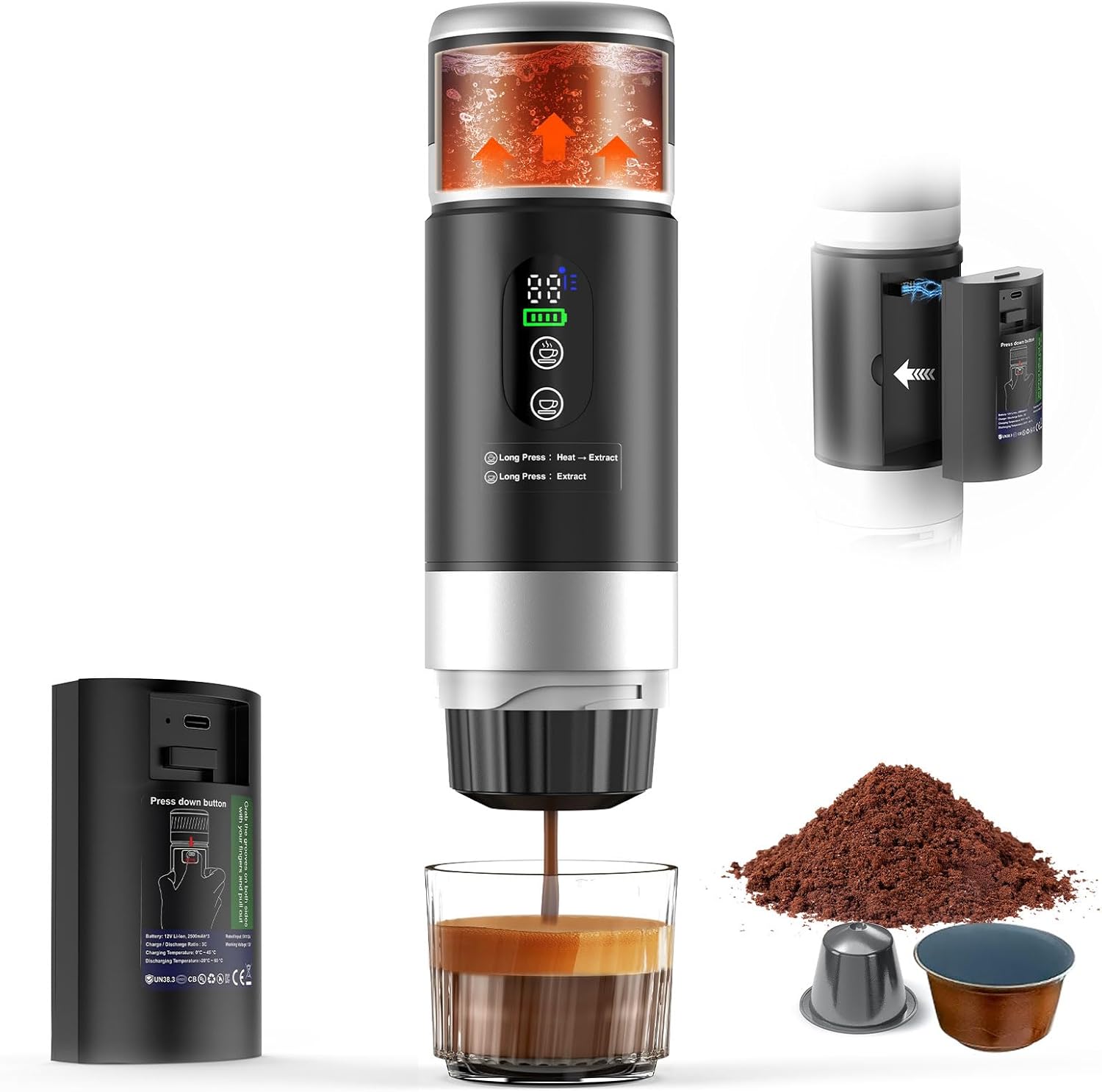 Portable Espresso Machine with Removeable Battery, 20 bar Mini Travel Coffee maker, Expresso Coffee Maker with USB-C,3-in-1 Car Coffee Maker Self-Heating, Ground Coffee & Capsule(Ns&DG) Portable Espresso Machine with Removeable Battery, 20 bar Mini Travel Coffee maker, Expresso Coffee Maker with USB-C,3-in-1 Car Coffee Maker Self-Heating, Ground Coffee & Capsule(Ns&DG)