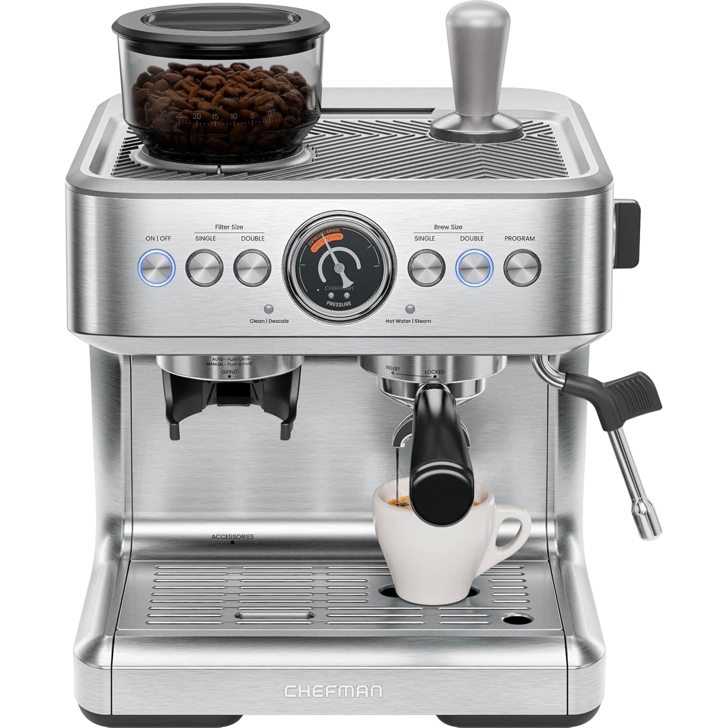 Chefman Crema Supreme 15 Bar Espresso Machine with Milk Frother, Barista Steam Wand, Professional Coffee Maker with Coffee Grinder, 30 Grind Settings, 3L Removable Water Tank – Stainless Steel