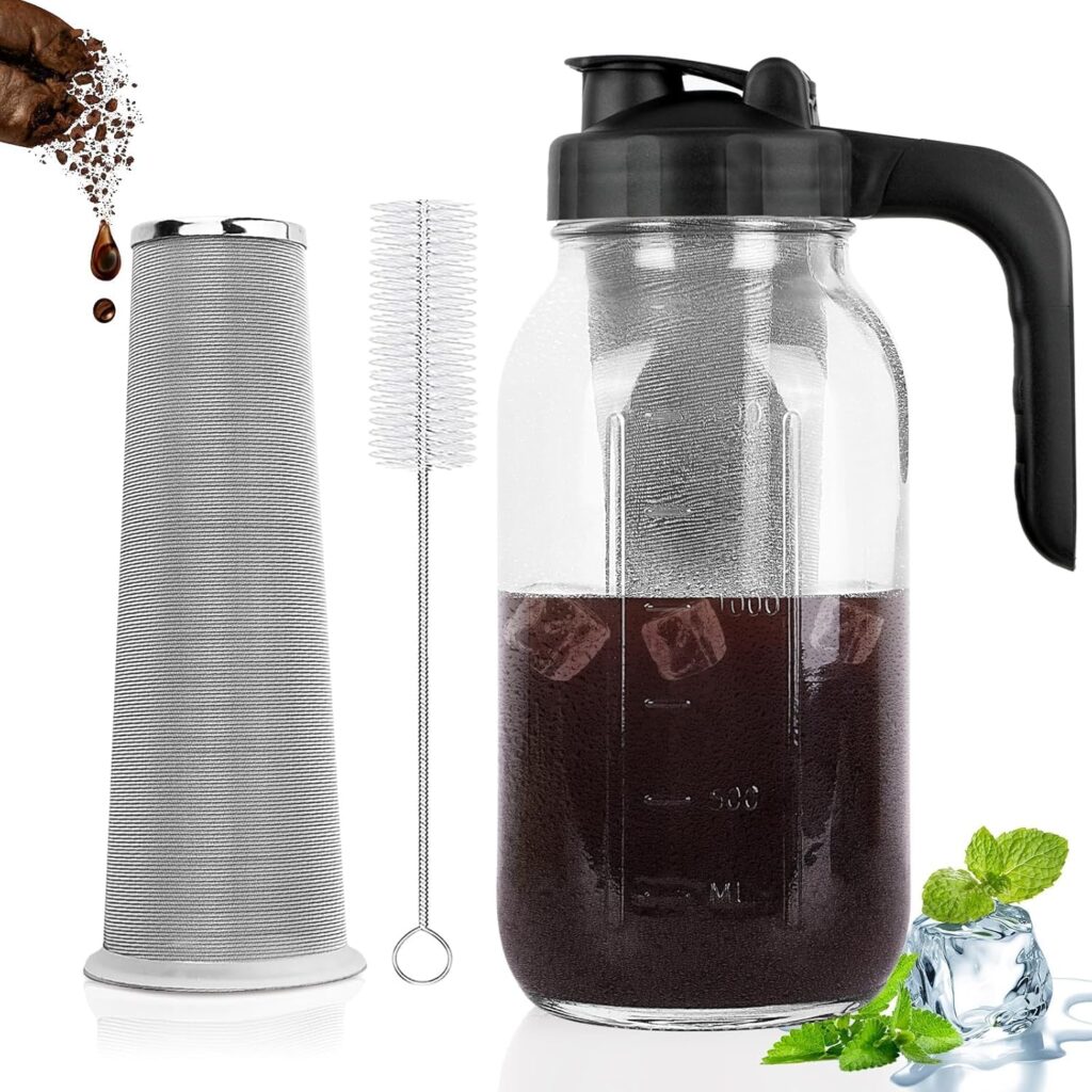 Cold Brew Coffee Maker Pitcher, 64 Oz Heavy Duty Glass Mason Jar Pitcher with V-shaped Pour Spout Handle Lid,Stainless Steel Filter for Iced Coffee,Iced tea,Fruit Drinks,lemonade – Black