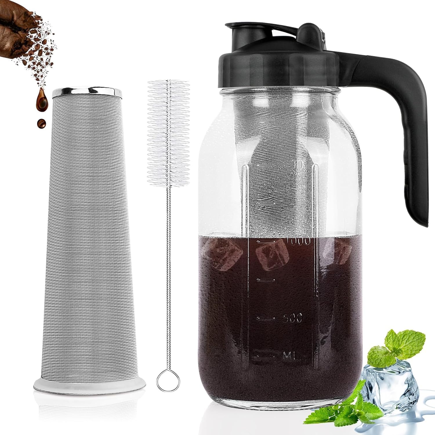Cold Brew Coffee Maker Pitcher, 64 Oz Heavy Duty Glass Mason Jar Pitcher with V-shaped Pour Spout Handle Lid,Stainless Steel Filter for Iced Coffee,Iced tea,Fruit Drinks,lemonade – Black