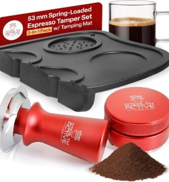 StealthActive&Co 53mm Espresso Tamper 3 in 1 Set Compatible with 54mm Filter – Spring Loaded Espresso Machine Tamper with Aluminum Handle, Espresso Distribution Tool, and Non-Slip Tamping Mat