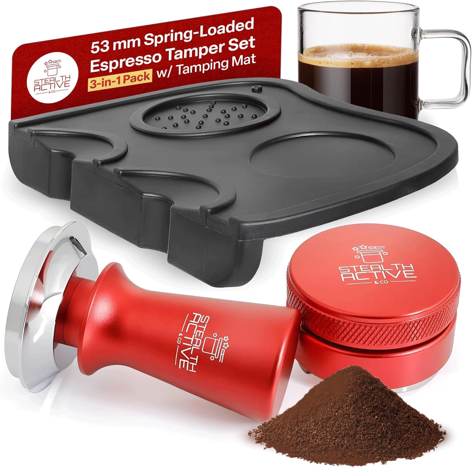 StealthActive&Co 53mm Espresso Tamper 3 in 1 Set Compatible with 54mm Filter – Spring Loaded Espresso Machine Tamper with Aluminum Handle, Espresso Distribution Tool, and Non-Slip Tamping Mat