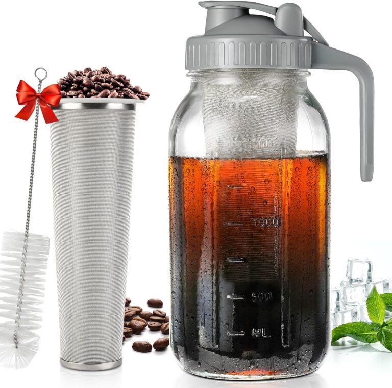 Cold Brew Coffee Maker 64 oz,2-Quart Wide Mouth Thickened Cold Brew Maker with Ultra Dense Stainless Steel Filter – Mason Jar Pitcher with Lid and Spout for Coffee and Homemade Fruit Drinks(Gray)