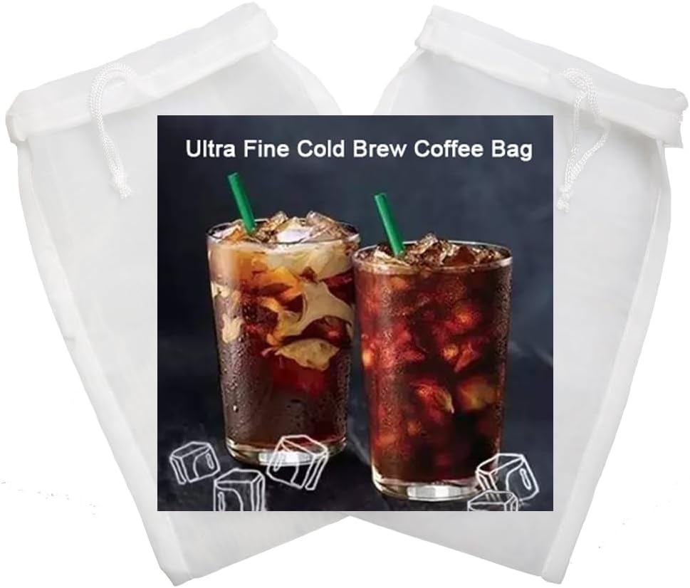 2 Pack Cold Brew Coffee Bag,120 Micro Food Grade Nylon Ultra Fine Mesh, 8.6×5 inch Reusable Cold Brew Coffee Filter with Seamless Bottom, Coffee Maker