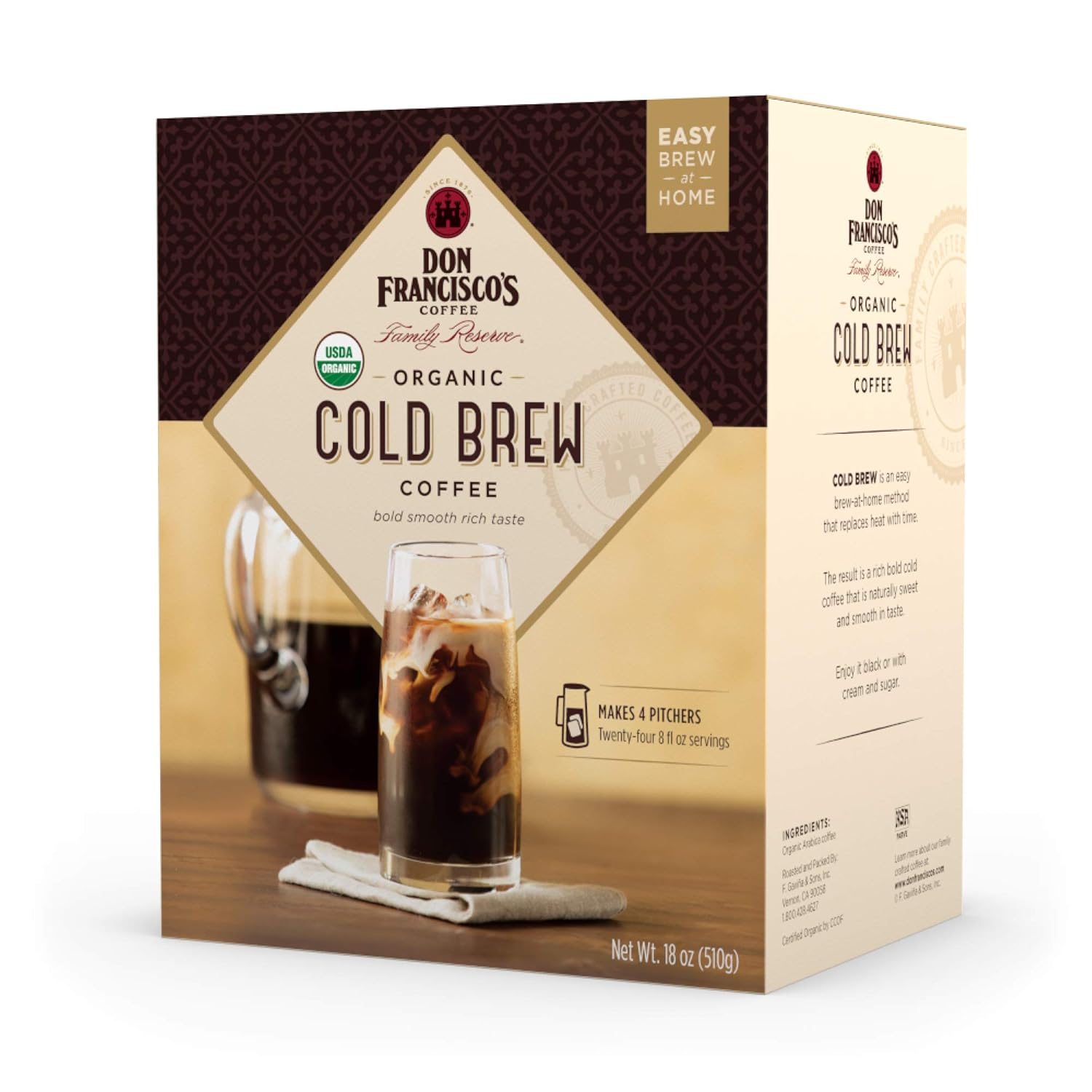 Don Francisco’s Organic Cold Brew Coffee Pitcher Packs, 8 Count – Easy At-Home Prep – Smooth, Rich, Chocolate Notes – Medium-Dark Roast, 100% Arabica – Makes 4 Pitchers (24 Servings)