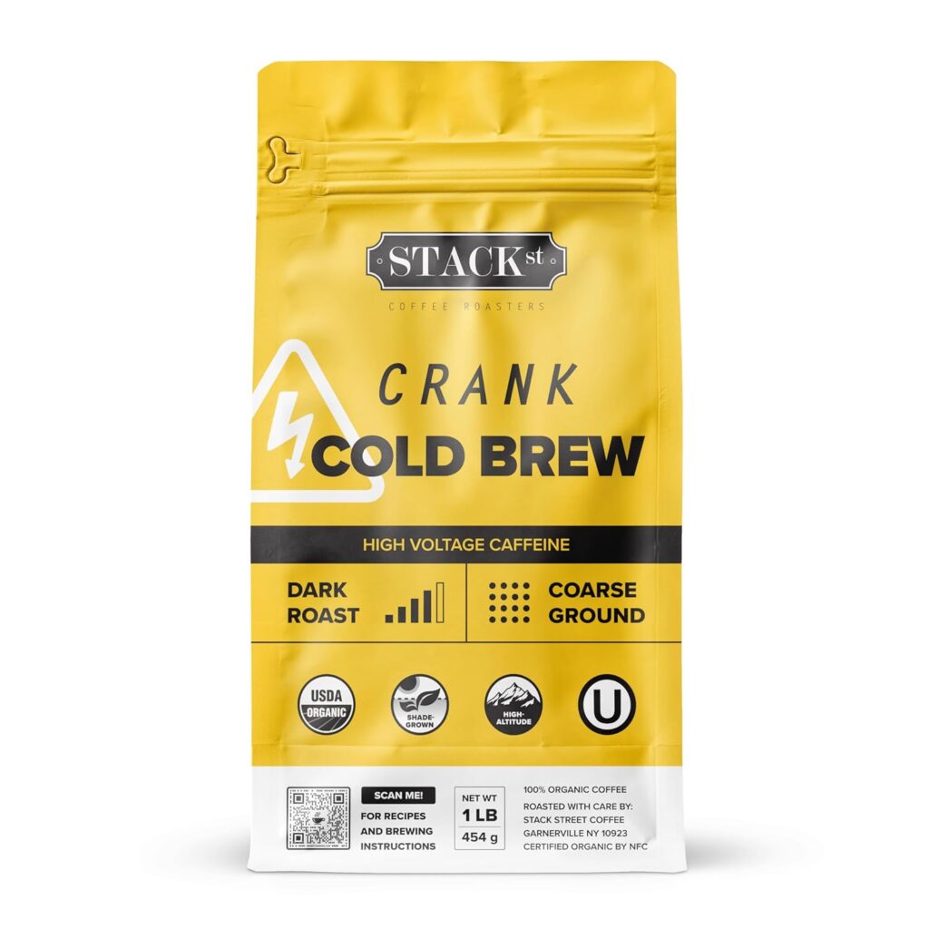 Organic Cold Brew Coffee Coarse Ground 1 LB – CRANK High Voltage Caffeine Dark Roast, Coarse Grind – By Stack Street