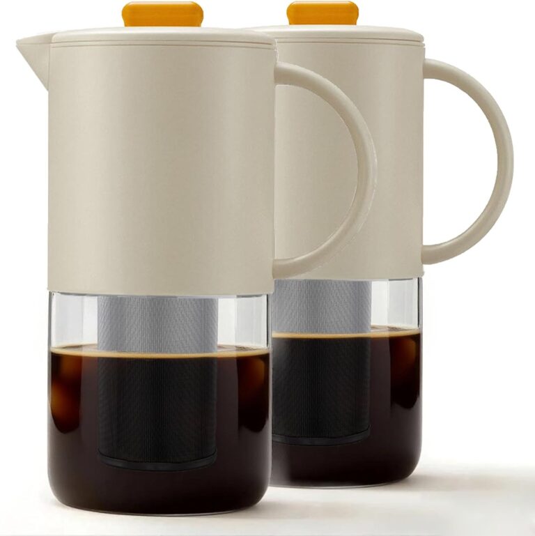Delove Cold Brew Coffee Maker with Auto Spout – Shatterproof Plastic Shell, Wide Mouth Design – 62 oz (1.9 Quart) Iced Tea Glass Carafe with Removable Removable Mesh Filter (2, Beige)