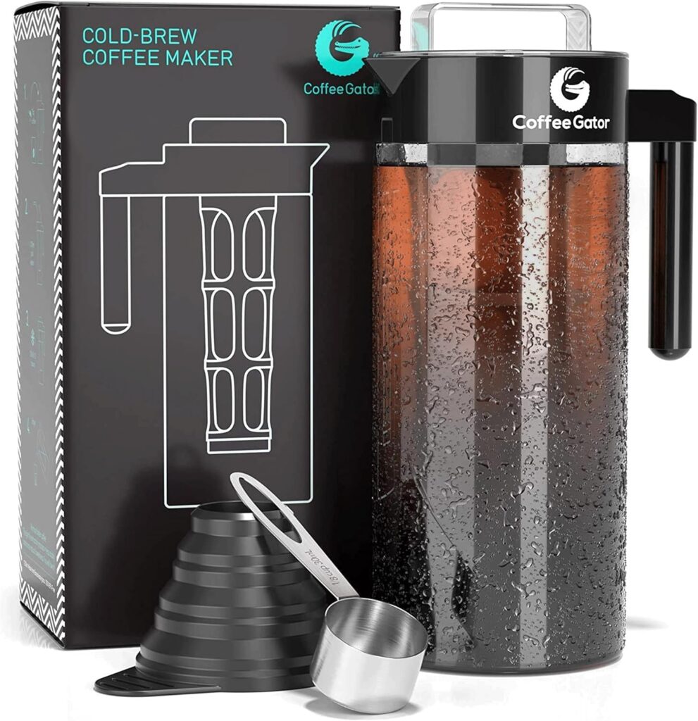 Coffee Gator Cold Brew Coffee Maker – 47 oz Iced Tea and Cold Brew Maker and Pitcher w/Glass Carafe, Filter, Funnel & Measuring Scoop – Black