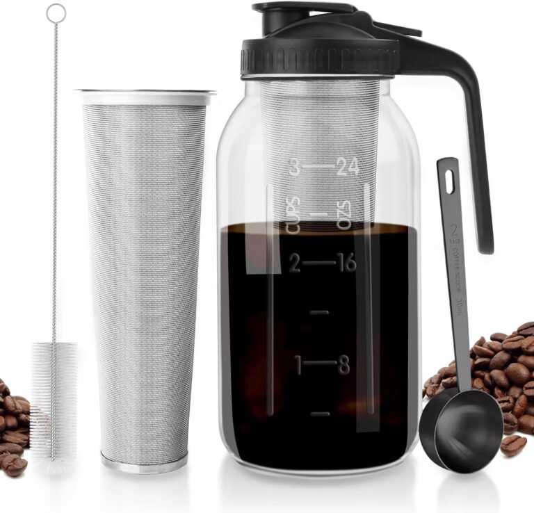 Cold Brew Coffee Maker – 64 oz Wide Mouth Mason Jar Pitcher with Stainless Steel Filter, Coffee Scoop, and Cleaning Brush -Glass Pitcher for Iced Coffee, Tea – Includes Pour Spout Handle Lid