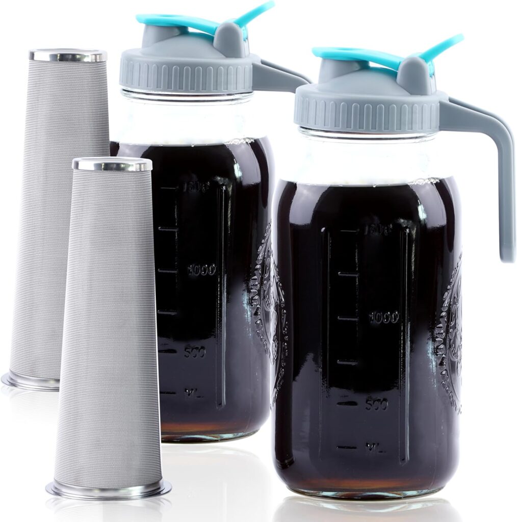 Cold Brew Coffee Maker 64 Oz Wide Mouth Mason Jar Iced Coffee Maker 2 Set Half Gallon Glass Pitcher With Strainer 2 Quart Cold Brew Pitcher With Spout Lids For Fridge, Lemonade, Cold Brew, Milk