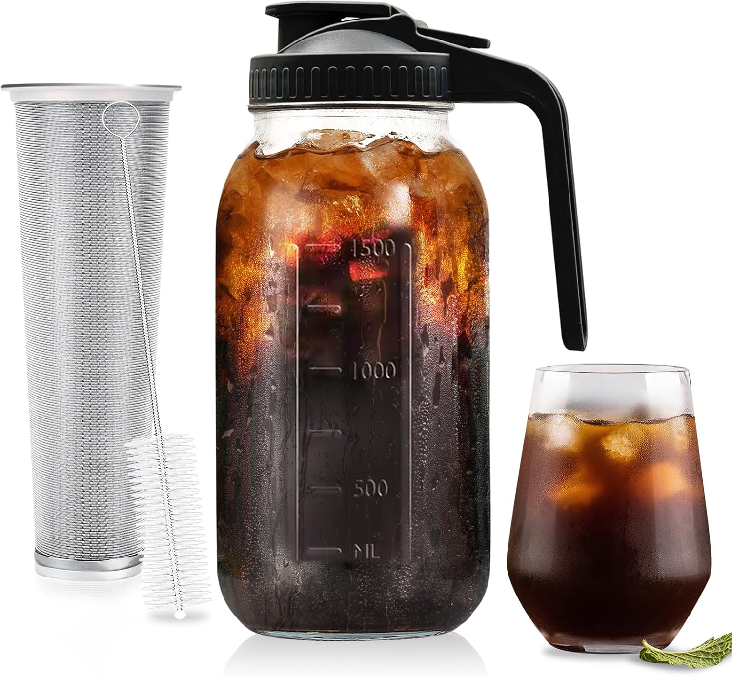 Cold Brew Coffee Maker 64 oz (2 Quart / 1.9 Liter) Mason Jar – Wide Mouth Pitcher with Handle & Stainless Steel Filter for Coffee, Iced Tea, Sun Tea, Lemonade, and Homemade Fruit Drinks