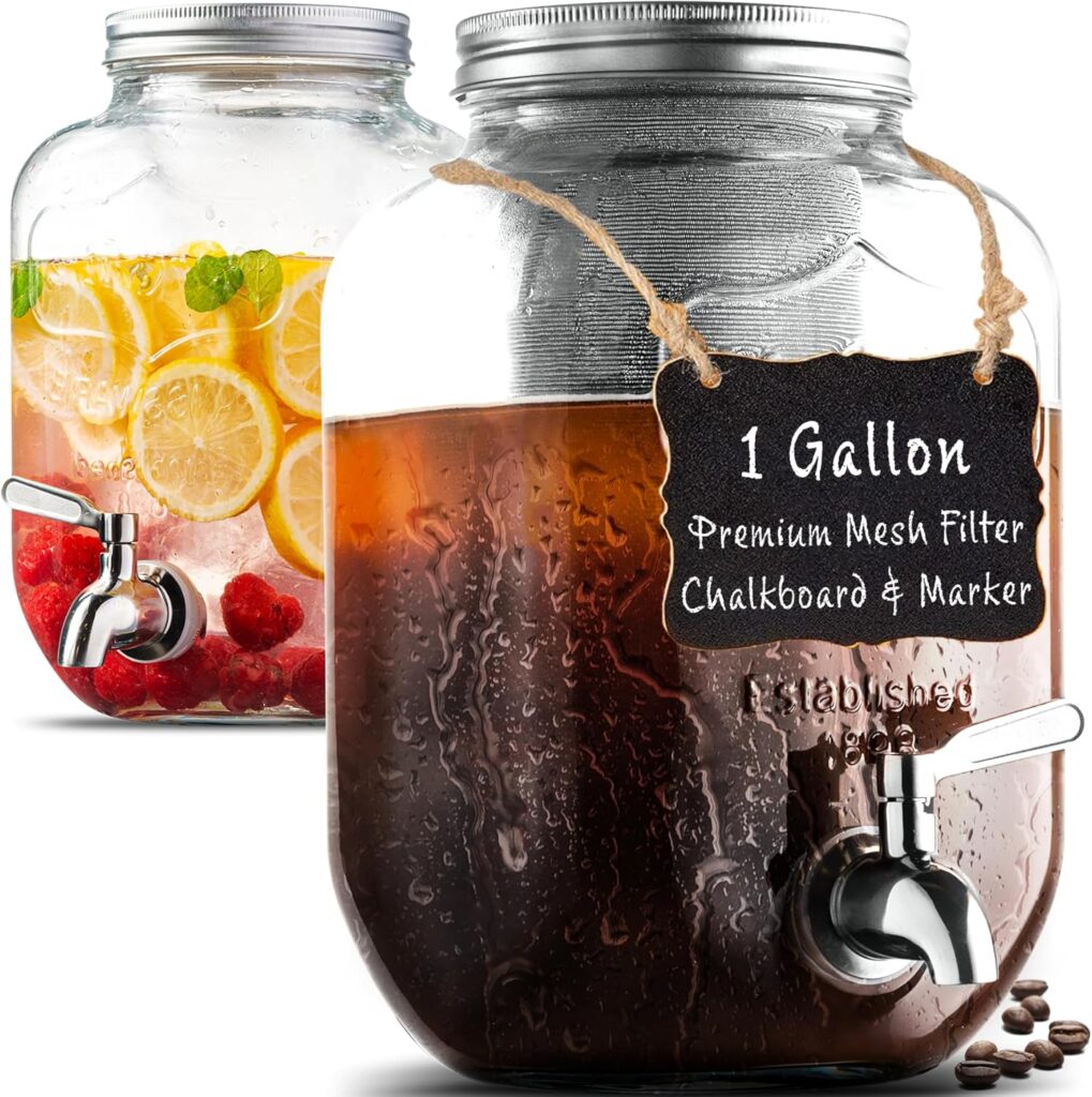 1 Gallon Cold Brew Coffee Maker – 3rd Generation Fine Mesh Filter – Stainless Steel Spigot – Extra Thick Large Glass Mason Jar Drink Dispenser Carafe, Iced Coffee Maker & Sun Tea Pitcher with Infuser.