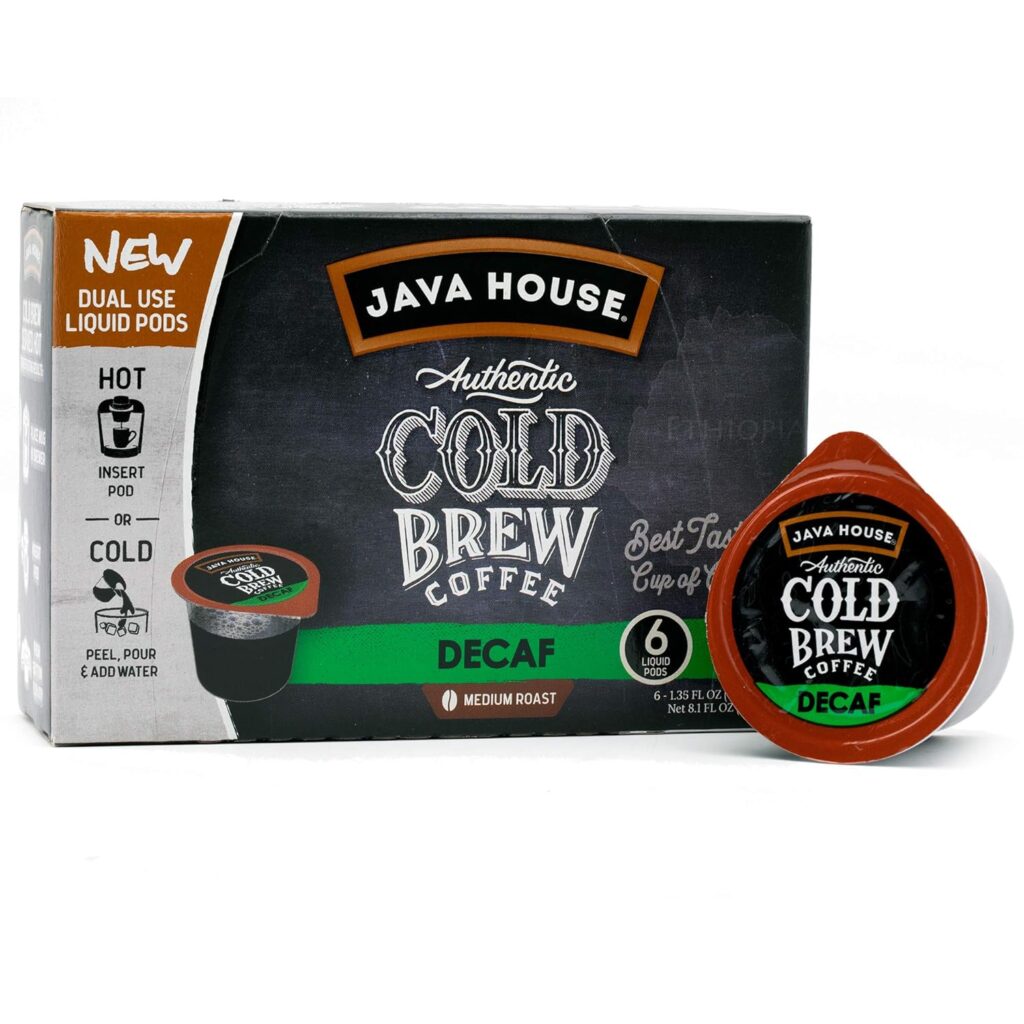 Java House Single-Serve Cold Brew Coffee Pods – Premium 100% Arabica Liquid Concentrate – Smooth & Bold Decaf Roast – 6 Pods – Ready Hot or Iced, Travel-Friendly, TSA Approved