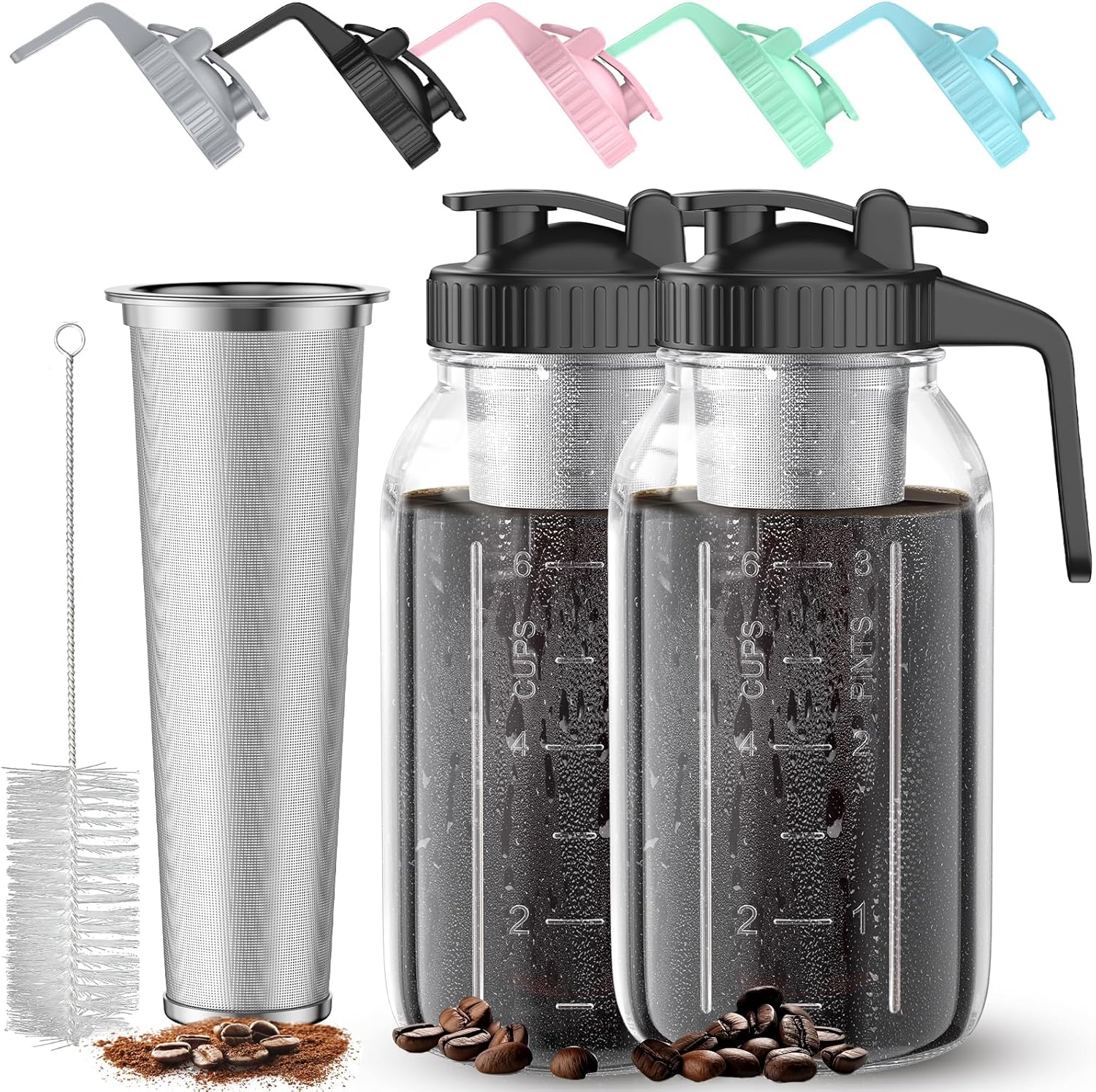 2 Pack 64 oz(2 Quart / 1.9 Liter) Cold Brew Coffee Maker Jar – Glass Cold Brew Maker with Handle, Stainless Steel Filter&Leak-Proof Lid, Heavy Duty Cold Brew Pitcher for Iced Coffee, Sun Tea, and Milk