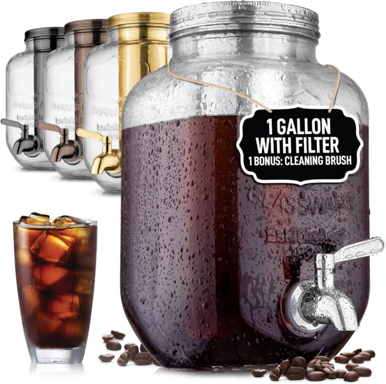 Zulay Kitchen 1 Gallon Cold Brew Coffee Maker – Thick Glass Pitcher with Stainless Steel Filter, Lid & Spout – Large Mason Jar Container Dispenser – Iced Coffee & Sun Tea Brewer for Fridge – Silver