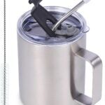 Volhoply 12oz Insulated Leakproof Coffee Mug with Flip & Straw Lid,Double Wall Vacuum Stainless Steel Travel Cafe Tumbler Cup with Handle,Reusable Camping Mugs Keep Cold/Hot(Silver,1 Set)