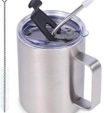 Volhoply 12oz Insulated Leakproof Coffee Mug with Flip & Straw Lid,Double Wall Vacuum Stainless Steel Travel Cafe Tumbler Cup with Handle,Reusable Camping Mugs Keep Cold/Hot(Silver,1 Set)