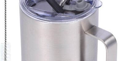 Volhoply 12oz Insulated Leakproof Coffee Mug with Flip & Straw Lid,Double Wall Vacuum Stainless Steel Travel Cafe Tumbler Cup with Handle,Reusable Camping Mugs Keep Cold/Hot(Silver,1 Set)