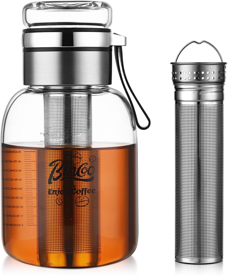 Bincoo Glass Cold Brew Coffee Maker with Extended Fine Mesh Filter, Tea Infuser Bottle Iced Coffee Maker with Thick Borosilicate Glas