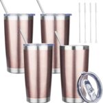 20 oz Tumbler with Lids and Straws, Stainless Steel Insulated Travel Coffee Mug, Double Wall Vacuum Insulated Tumblers, Powder Coated Coffee Tumbler for Cold & Hot Drinks (Rose Gold,4pack)