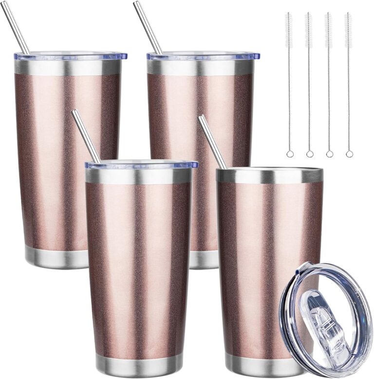 20 oz Tumbler with Lids and Straws, Stainless Steel Insulated Travel Coffee Mug, Double Wall Vacuum Insulated Tumblers, Powder Coated Coffee Tumbler for Cold & Hot Drinks (Rose Gold,4pack)