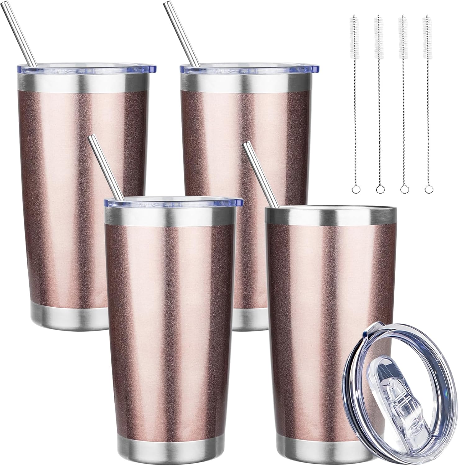 20 oz Tumbler with Lids and Straws, Stainless Steel Insulated Travel Coffee Mug, Double Wall Vacuum Insulated Tumblers, Powder Coated Coffee Tumbler for Cold & Hot Drinks (Rose Gold,4pack)