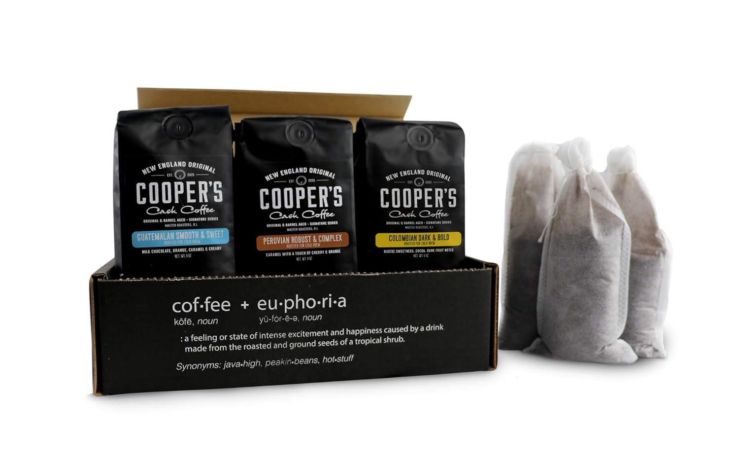 Cold Brew Coffee Box Set – 1.5lbs – Medium Roast, Colombian, Peruvian, Guatemalan Ground Coarse – and 6 Filter Bags Included – Ground Coarse for cold brew