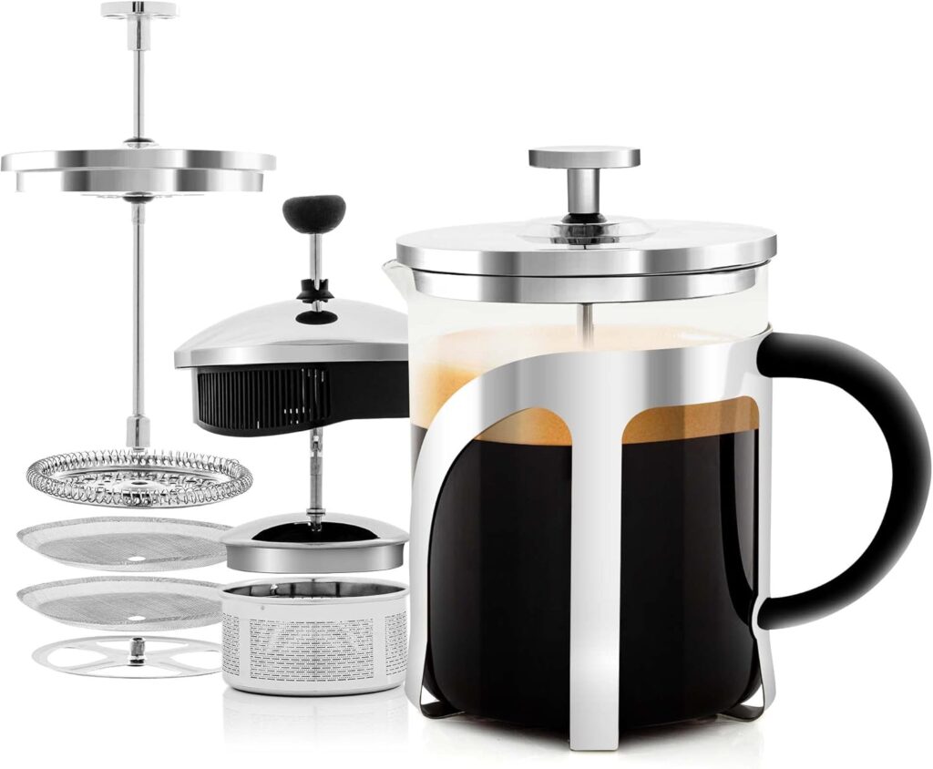 OVENTE French Press Coffee Maker, 20oz Heat Resistant Borosilicate Glass, BPA-Free Brewing Pot with 4-Level Filter System and Stainless Steel Plunger for Cold Brew Coffee, Tea and More, Clear FGC20T