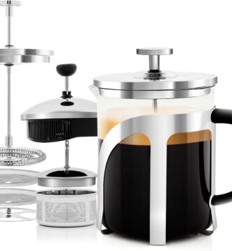 OVENTE French Press Coffee Maker, 20oz Heat Resistant Borosilicate Glass, BPA-Free Brewing Pot with 4-Level Filter System and Stainless Steel Plunger for Cold Brew Coffee, Tea and More, Clear FGC20T