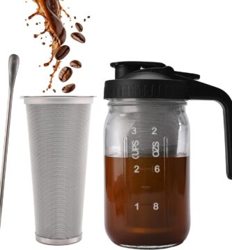 TECHSHARE Cold Brew Coffee Maker Jar 32oz – Heavy Duty Mason Pitcher with Stainless Steel Filter, Wide Mouth Spout Lid & Handle for Iced Coffee, Tea, Lemonade, and Fresh Fruit Drinks TECHSHARE Cold Brew Coffee Maker Jar 32oz – Heavy Duty Mason Pitcher with Stainless Steel Filter, Wide Mouth Spout Lid & Handle for Iced Coffee, Tea, Lemonade, and Fresh Fruit Drinks